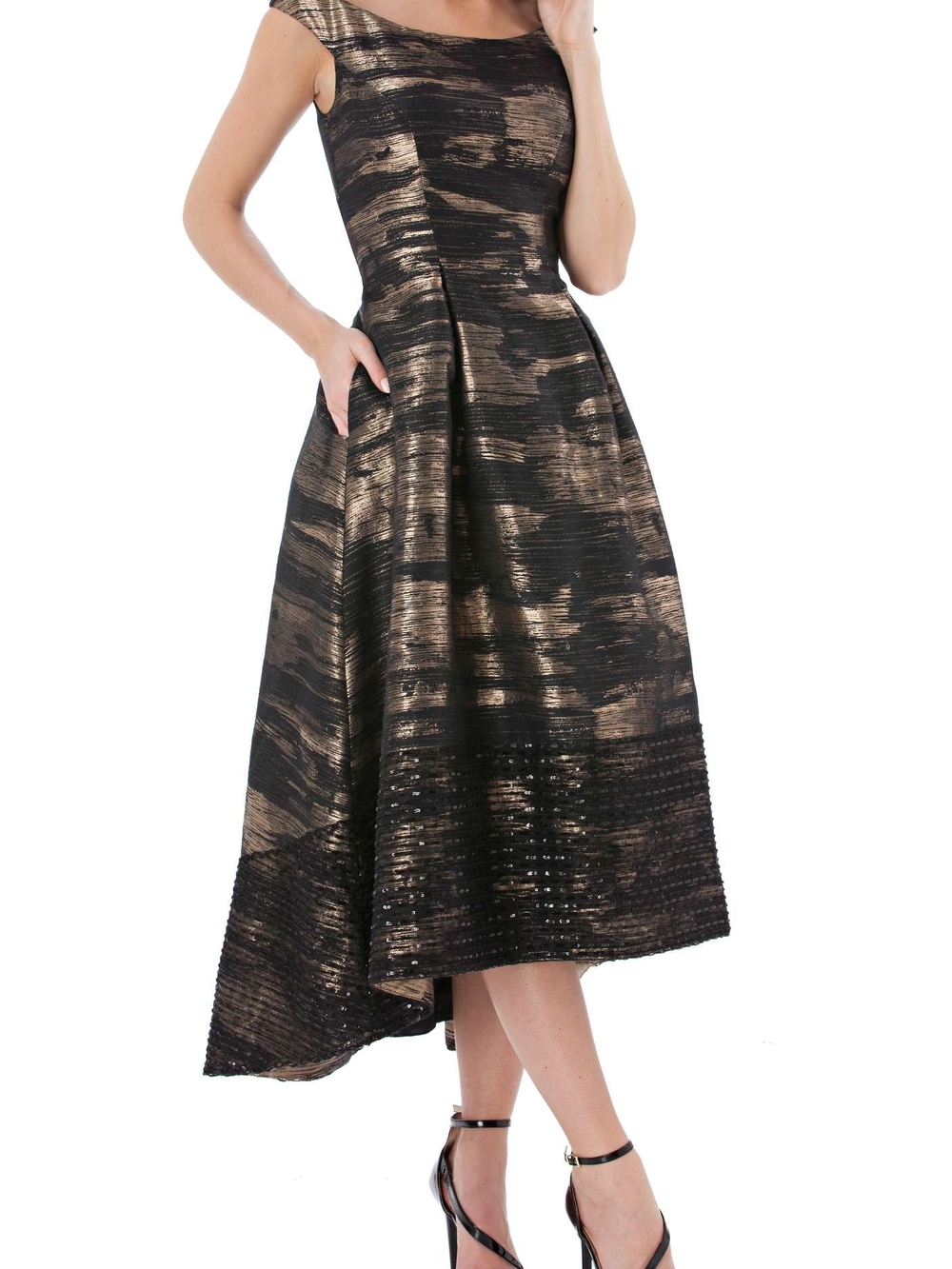 Carmen Marc Valvo Womens Black Multi Brocade Off Shoulder Dress